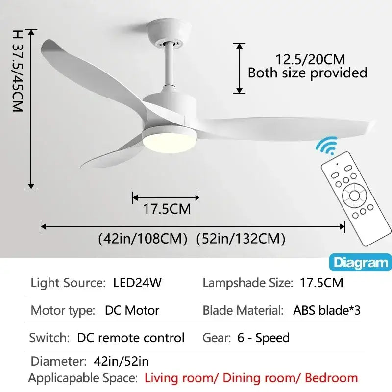 White ceiling fan with three abs blades and integrated led light complementing modern black ceiling fan with remote control for living room