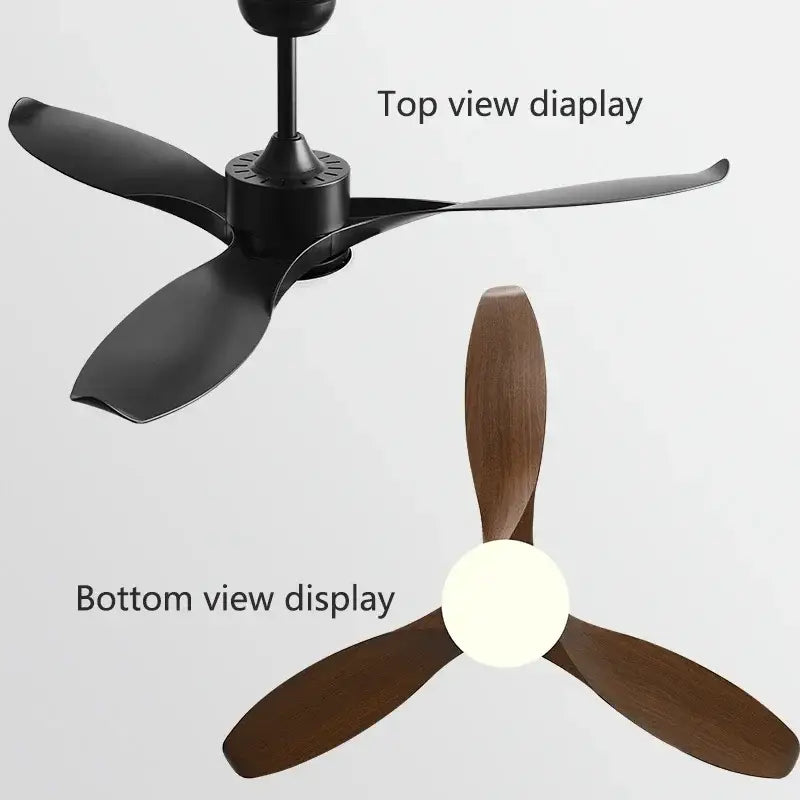 Modern black ceiling fan with wood finish blades and integrated light fixture, remote control for living room use
