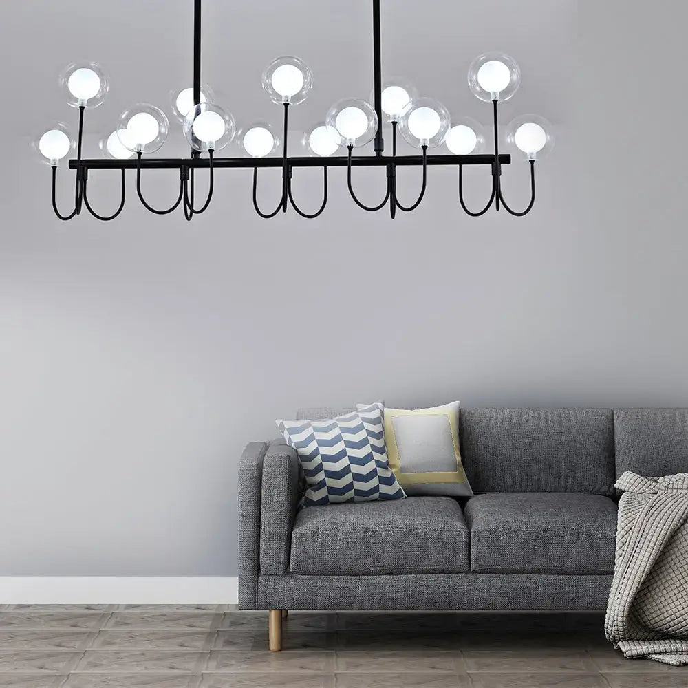 DecorBites 15-light black ceiling light with clear glass globe bulbs and adjustable hanging cord in a modern design