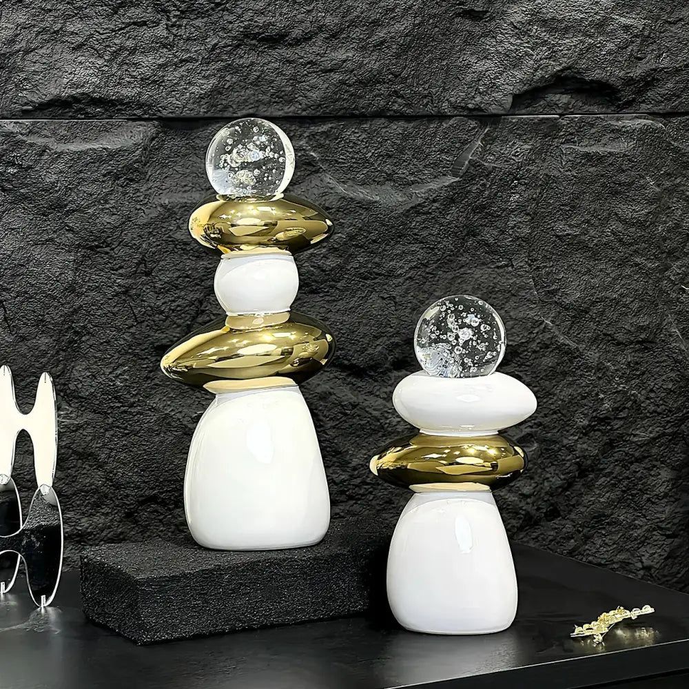 Modern white and gold ceramic stacking crystal ball statue with clear orbs for decorbites decorative crystal decor