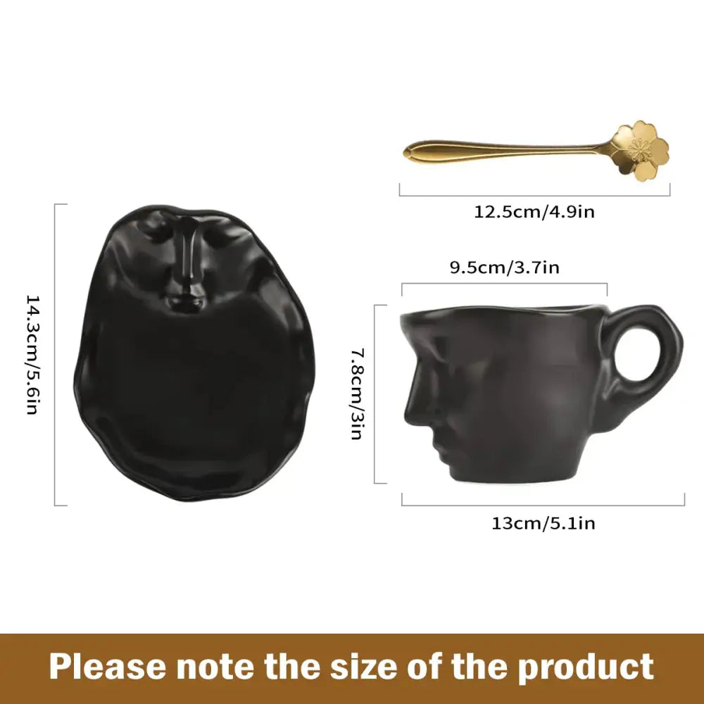Modern black ceramic kissing face tea cup set with matching saucer and gold floral spoon for dining room use