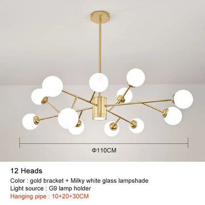 Modern black chandelier by decorbites with gold tone and frosted glass globes for stylish living room lighting