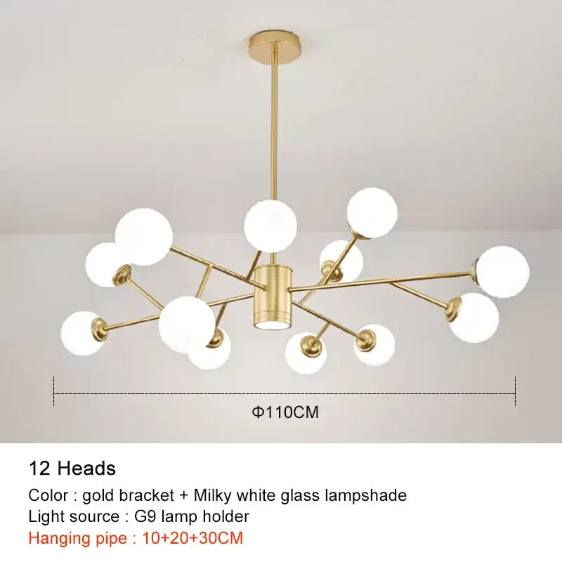 Modern black chandelier by decorbites with gold tone and frosted glass globes for stylish living room lighting