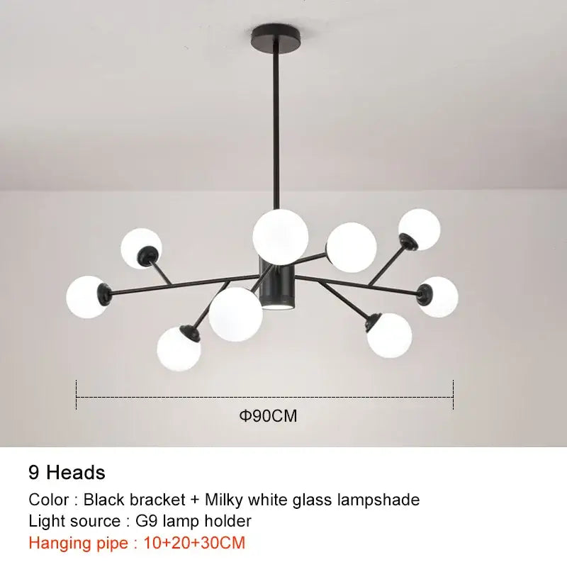 Modern black chandelier by decorbites featuring nine milky white glass lampshades for elegant living room lighting