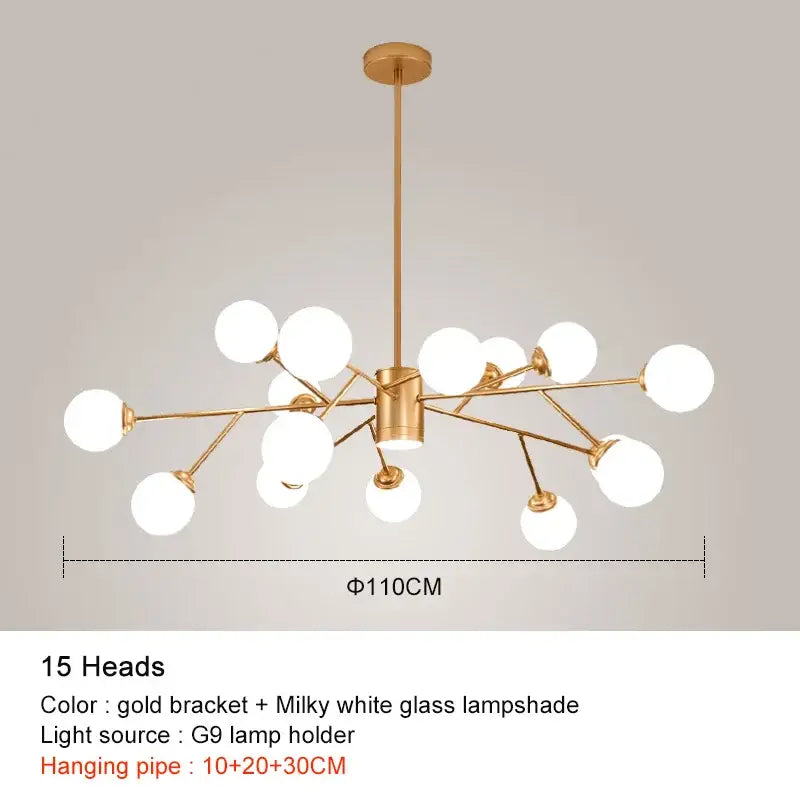 Modern black chandelier by decorbites featuring gold brackets and fifteen milky white frosted glass lampshades for living room decor