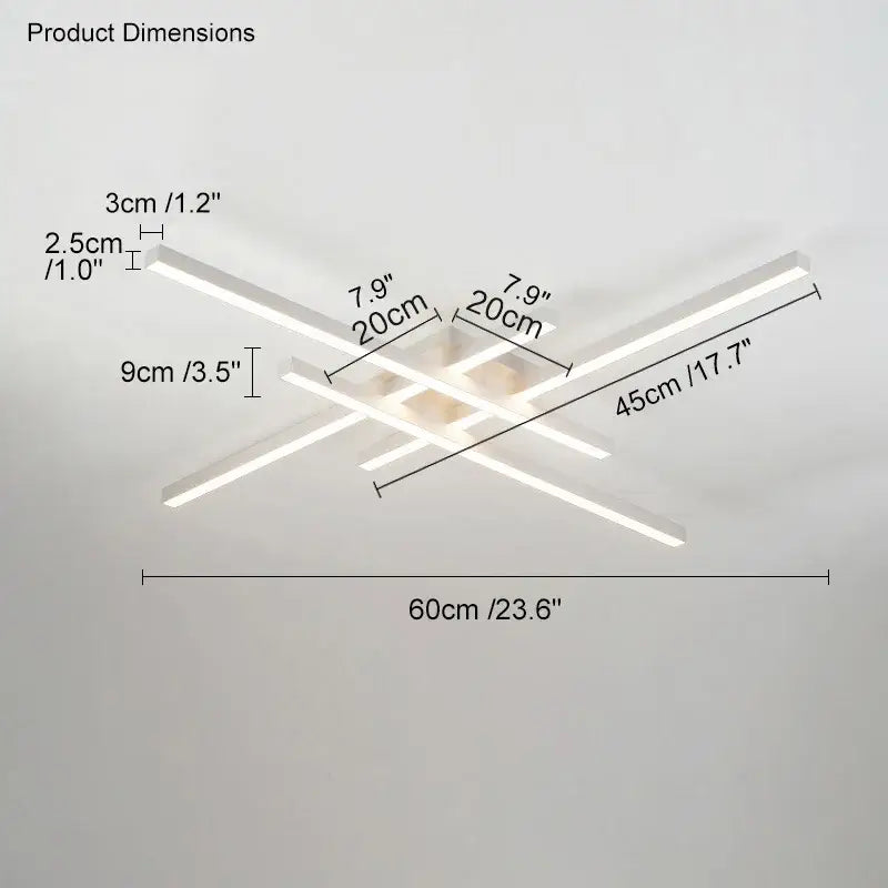Modern black chandelier led ceiling lamp with intersecting white rectangular bars and central illuminated square decorbites ceiling lamp