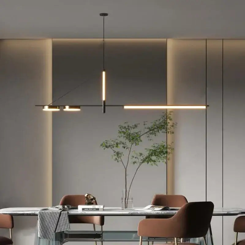 Modern black chandelier minimalist pendant light with sleek black metal frame and warm linear LED for dining room decorbites