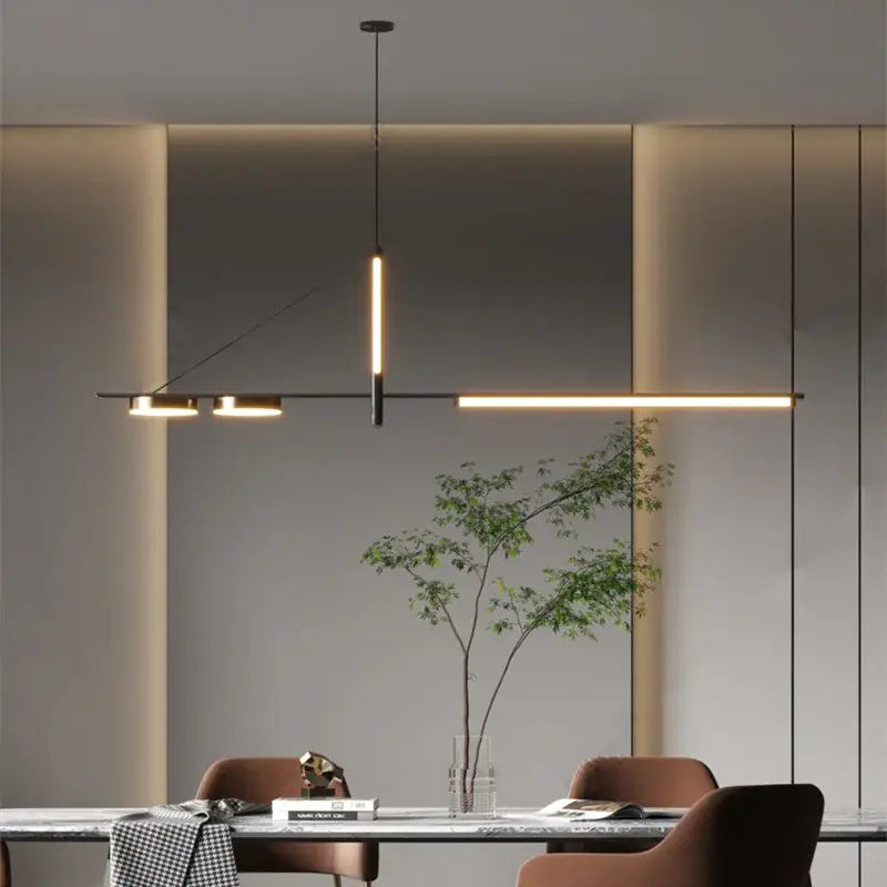 Modern black chandelier minimalist pendant light with black metal frame and warm led strip lighting for dining room decorbites