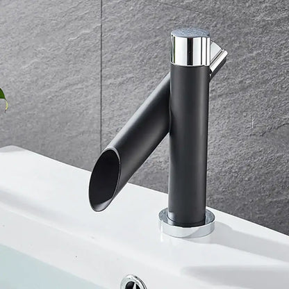 Modern black and chrome basin faucet with black matte waterfall spout and chrome base for bathroom water saving mixer