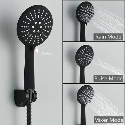 Modern black chrome brass shower set with black matte handheld showerhead featuring multiple spray settings