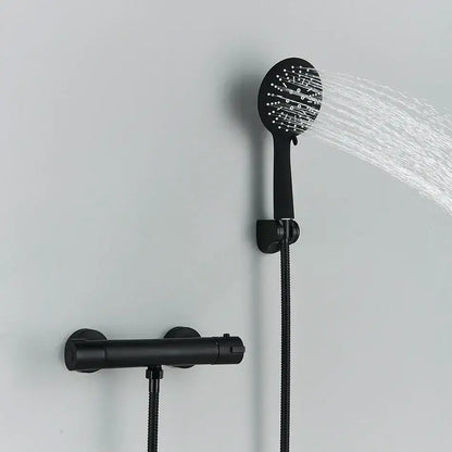 Modern black and chrome brass shower set with a black matte handheld showerhead featuring multiple spray nozzles by decorbites black chrome