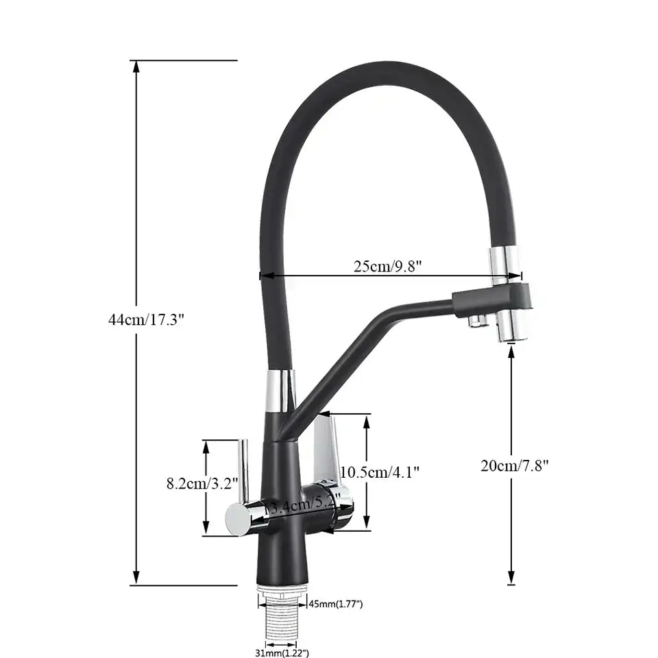 Modern black and chrome dual spout filter faucet with flexible gooseneck spout decorbites dual spout kitchen tap