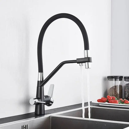 Modern black and chrome dual spout filter faucet kitchen tap with black flexible gooseneck and pull-down spray head decorbites dual spout