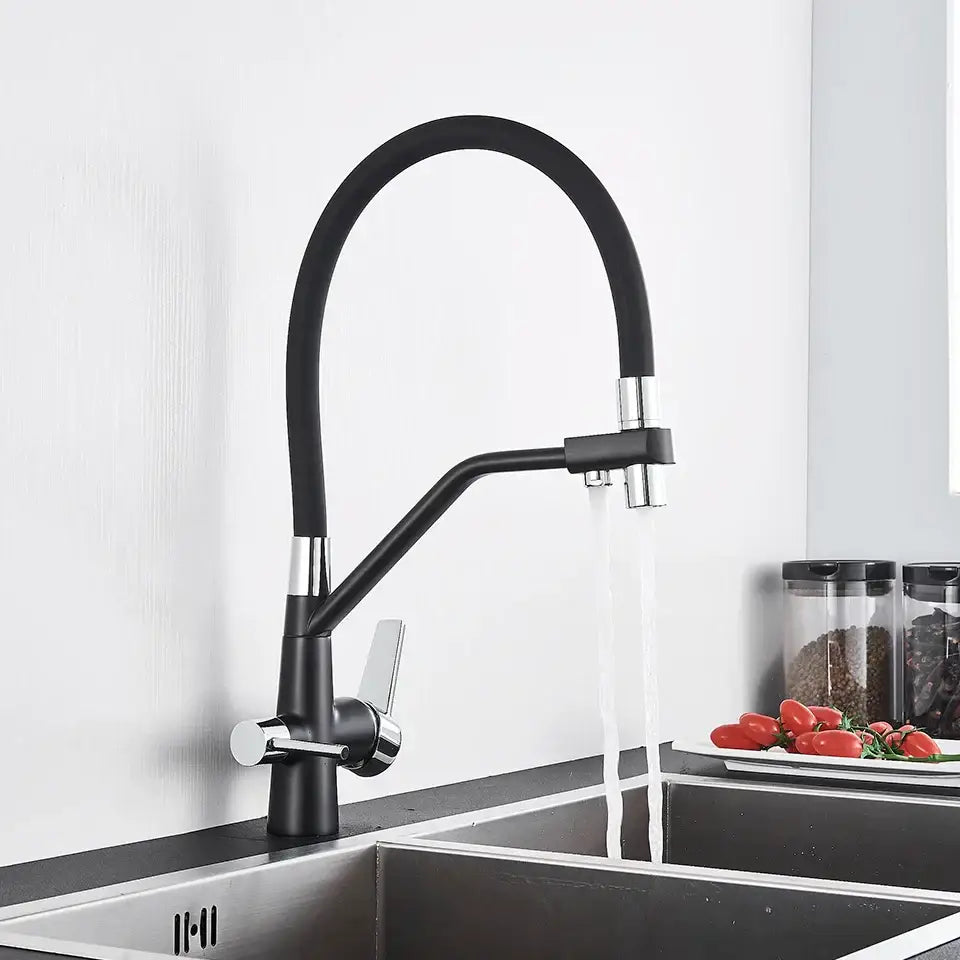Modern black and chrome dual spout filter kitchen tap with black matte finish and flexible gooseneck spout decorbites dual spout