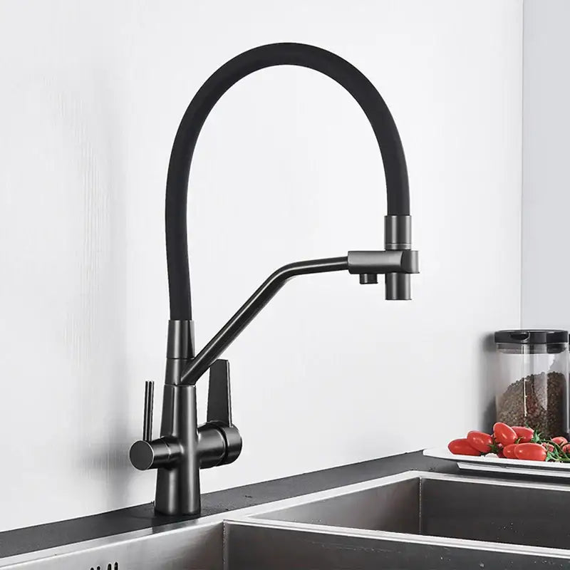 Modern black and chrome dual spout filter faucet kitchen tap with black matte finish and flexible gooseneck spout filter