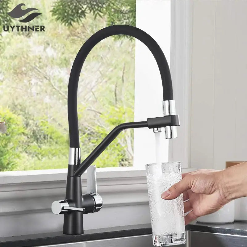 Black matte and chrome decorbites dual spout filter kitchen tap with flexible gooseneck spout for modern sinks