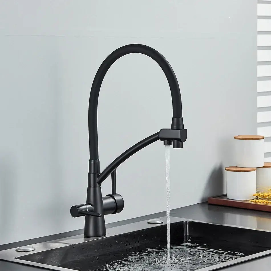 Modern black and chrome decorbites dual spout kitchen tap with matte finish curved spout and pull-down spray head