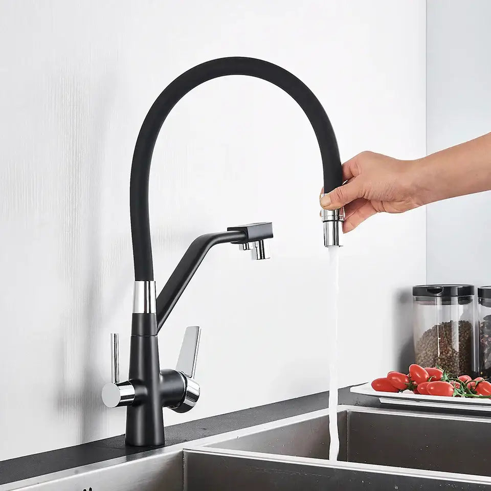 Modern black and chrome dual spout filter faucet kitchen tap with black matte finish and chrome accents by decorbites dual spout