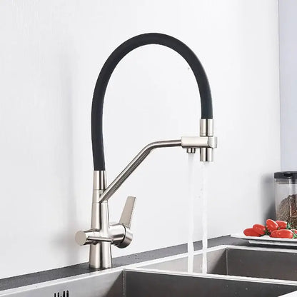 Modern black and chrome decorbites dual spout filter faucet with sleek stainless steel body and adjustable black hose
