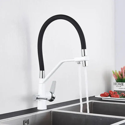 Modern black and chrome dual spout filter faucet kitchen tap with white body black flexible hose decorbites dual spout