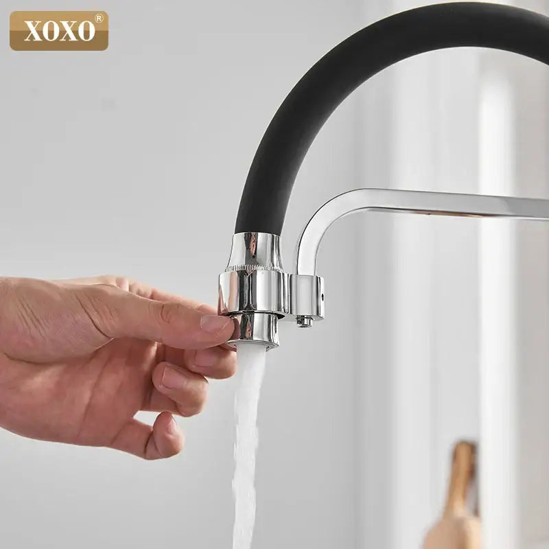 Black and chrome single hole rotation filter kitchen faucet with flexible hose extender attachment