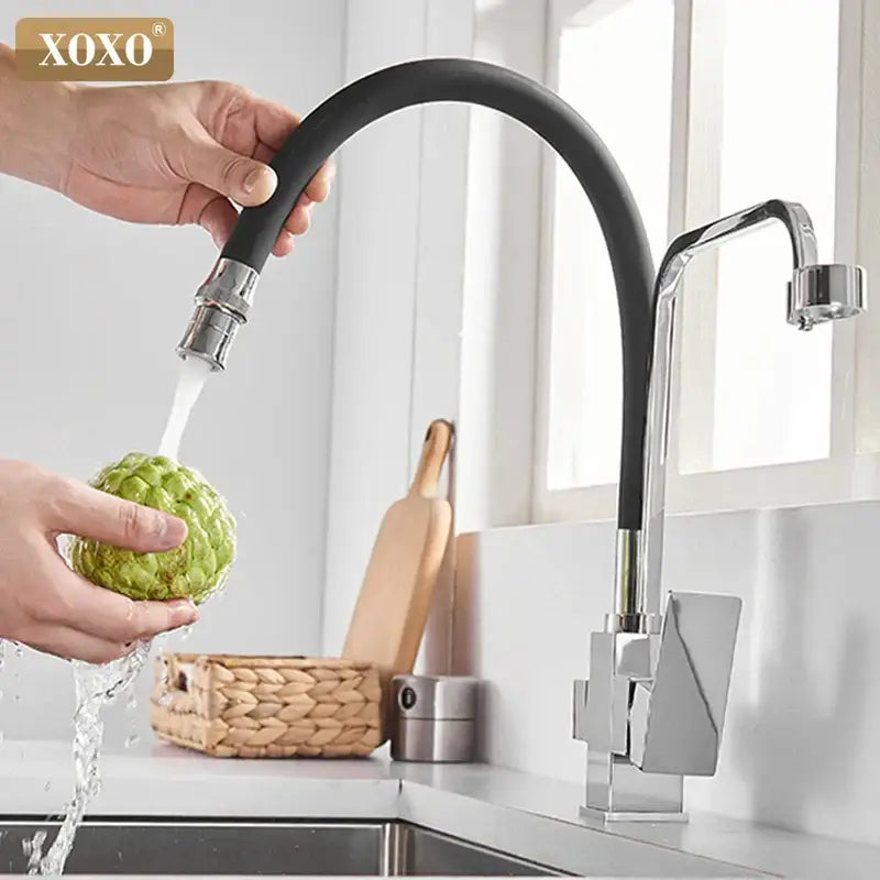 Modern black and chrome xoxo filter kitchen faucet single hole rotation with flexible hose and geometric base