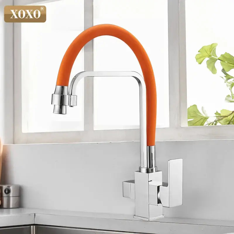 Modern black and chrome filter kitchen faucet single hole rotation with orange flexible hose and square handle design