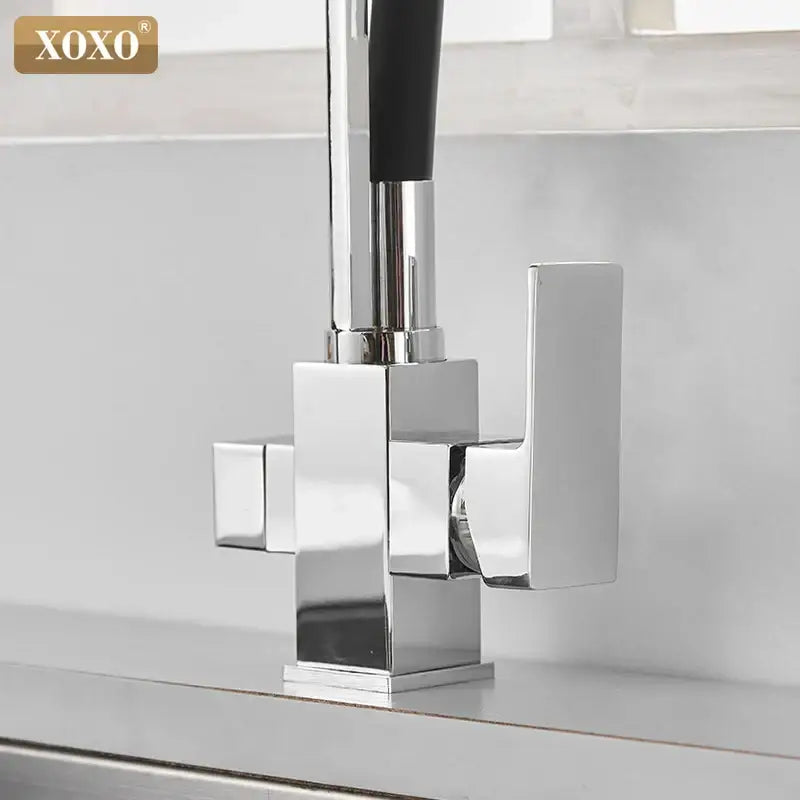 Modern black and chrome xoxo filter kitchen faucet with single hole rotation and a sleek black rubberized handle