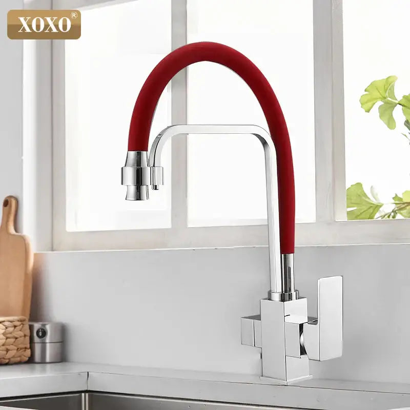 Modern black and chrome single hole rotation filter kitchen faucet with red silicone flexible spout and square handle design