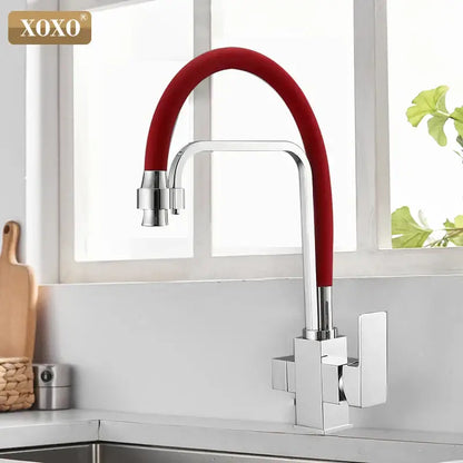 Modern black and chrome single hole rotation filter kitchen faucet with red silicone flexible spout and square handle design