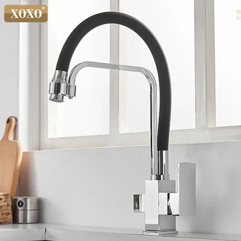 Xoxo modern black and chrome filter kitchen faucet with single hole design and flexible rotation filter kitchen hose
