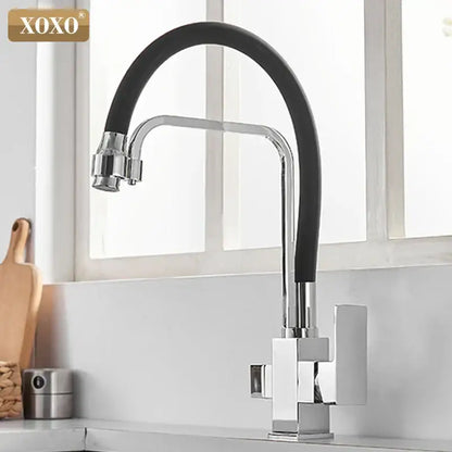 Xoxo modern black and chrome filter kitchen faucet with single hole design and flexible rotation filter kitchen hose