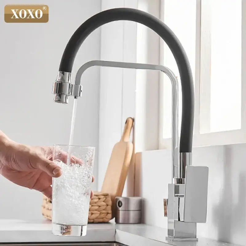 Modern Xoxo filter kitchen faucet with single hole rotation, sleek black flexible spout, and chrome finish base