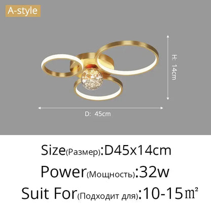 Gold-colored modern ceiling light fixture with three interlocking rings and crystal globe decorbites gypsophila chandelier