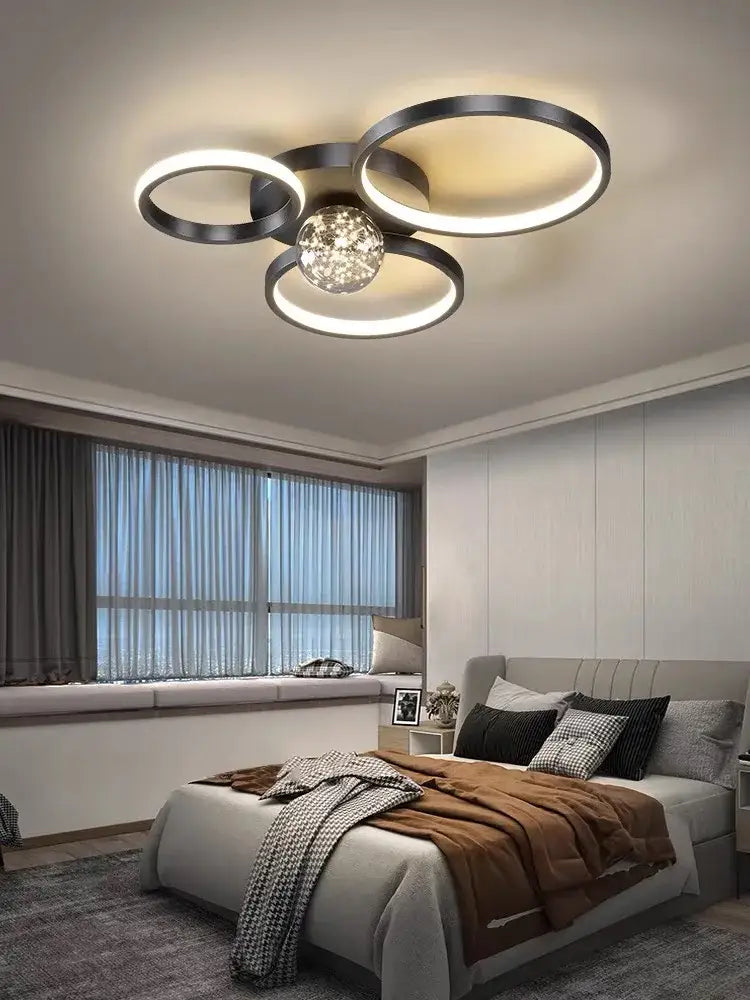 Modern black and chrome gypsophila chandelier with a circular ceiling light and central crystal globe decorbites gypsophila chandelier
