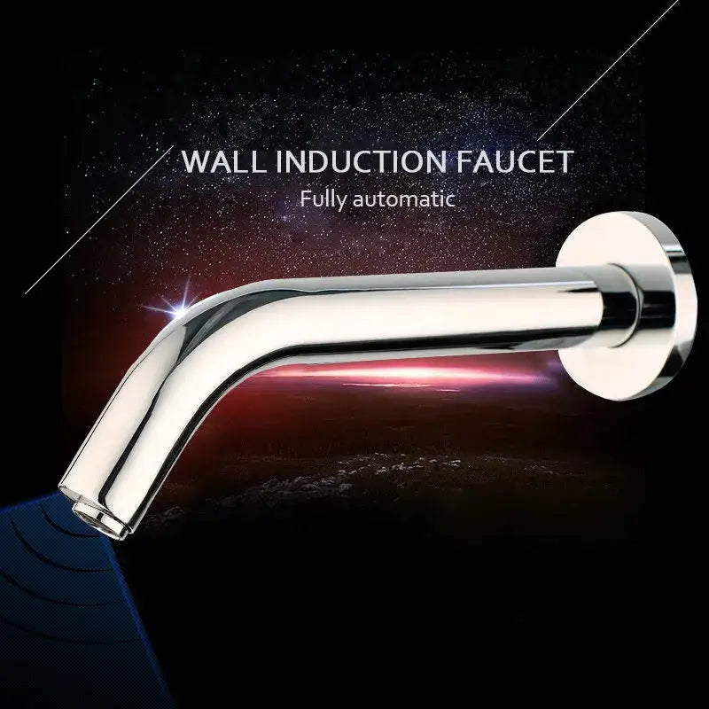 Modern black chrome sensor bathroom sink faucet wall mount with shiny chrome finish curved spout and circular mounting plate