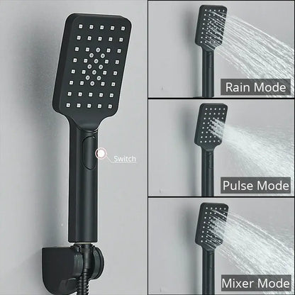 Modern black and chrome thermostatic shower set with matte black chrome showerhead featuring mode switch on handle