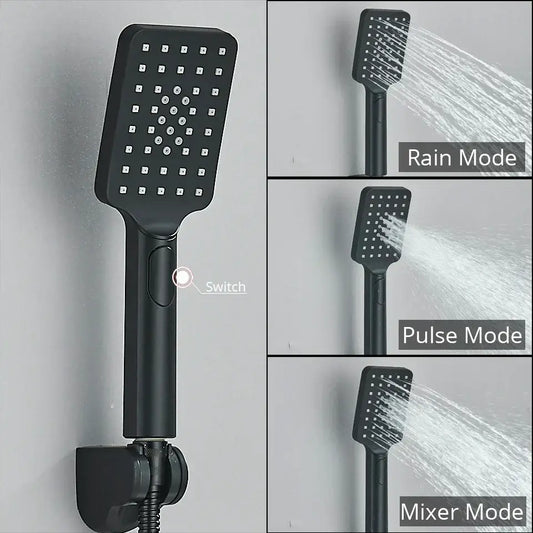Modern black and chrome thermostatic shower set with matte black chrome showerhead featuring mode switch on handle