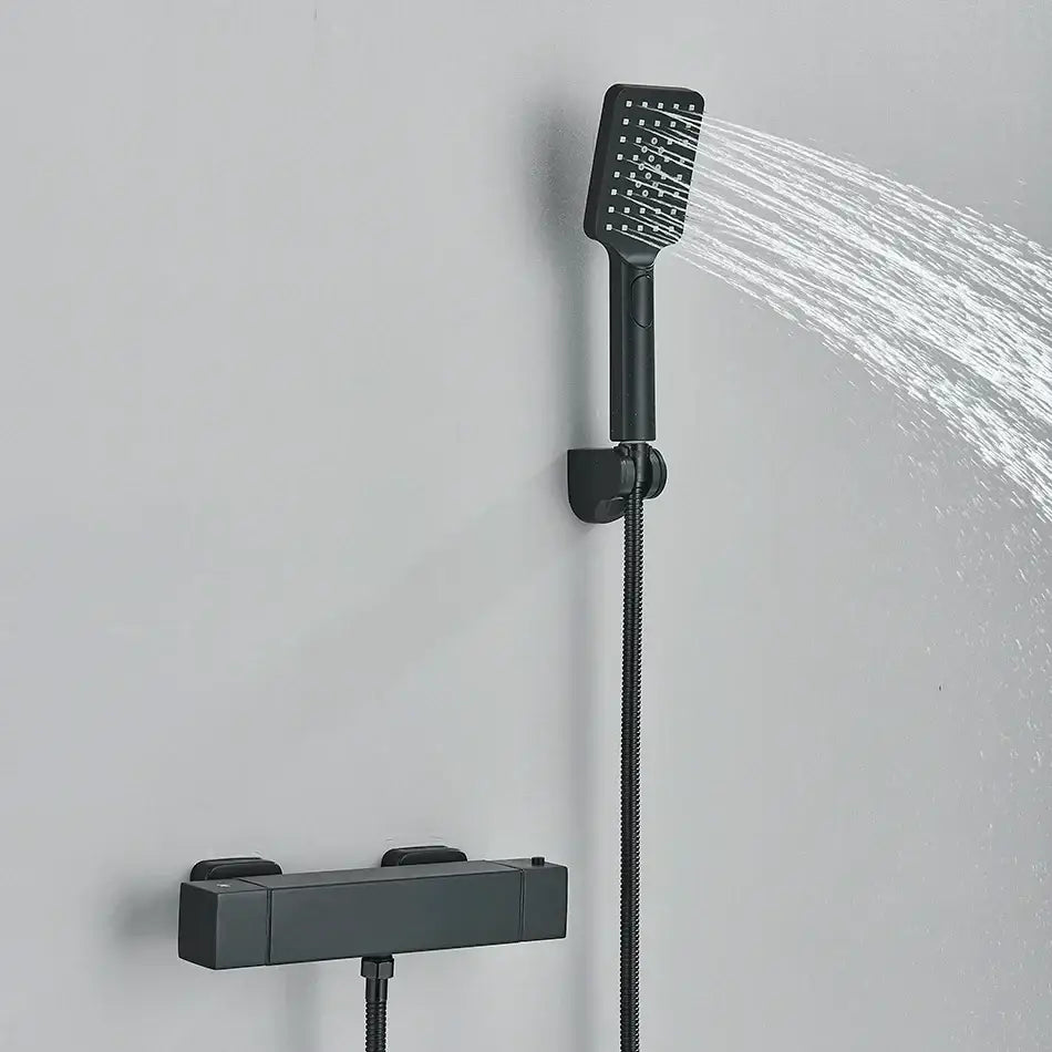 Modern black chrome thermostatic shower set with matte black rectangular rain head and dual-handle mixer valve mounted