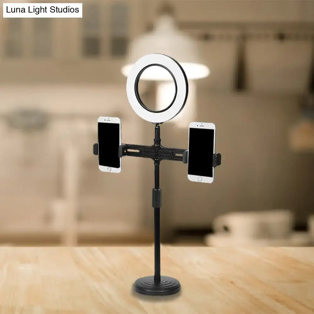 Modern black circle led wall light with usb port inch fixture featuring adjustable stand, ring light, and dual phone holders for streaming