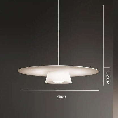 Minimalist white pendant light with two concentric circular shades and slender rod for decorbites circular coffee shop decor