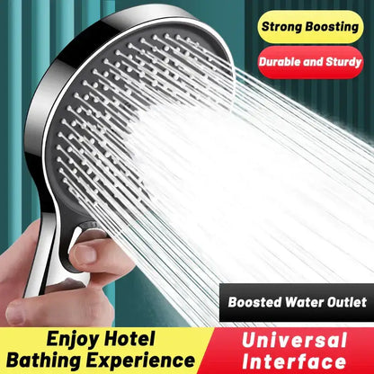 A sleek chrome decorbites circular high pressure shower head with modern design and multiple water jets in black