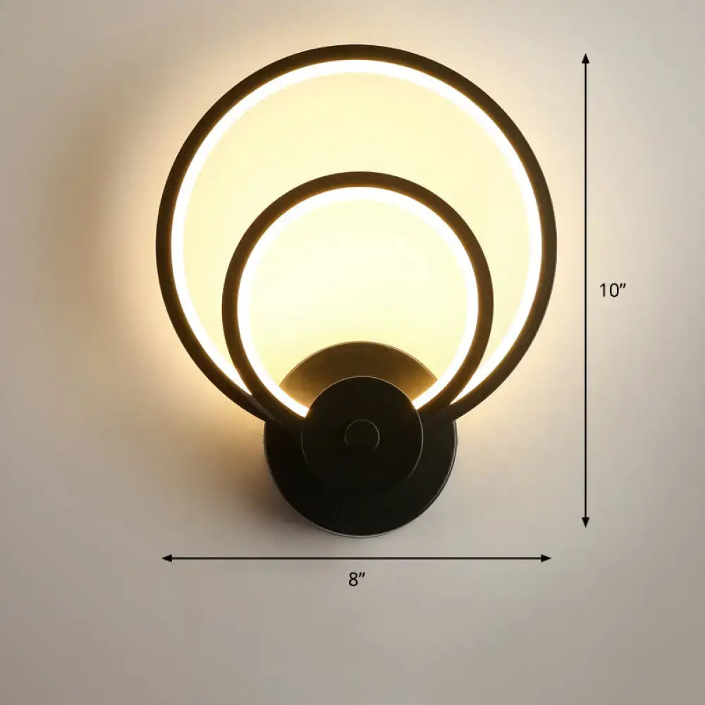 Modern black circular led light fixture with two illuminated concentric rings warm glow for bedroom wall sconce remote control