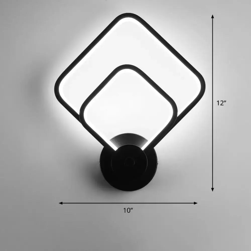Modern black circular led light fixture wall sconce with two overlapping square panels and remote control feature