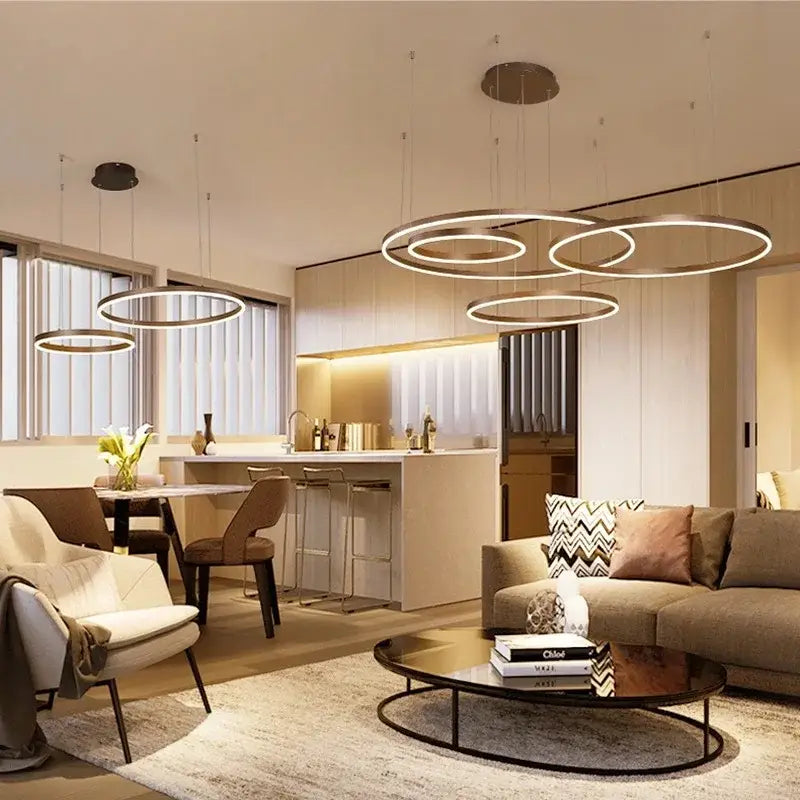 Modern minimalist decorbites led pendant lights with sleek circular rings and warm led illumination for living spaces