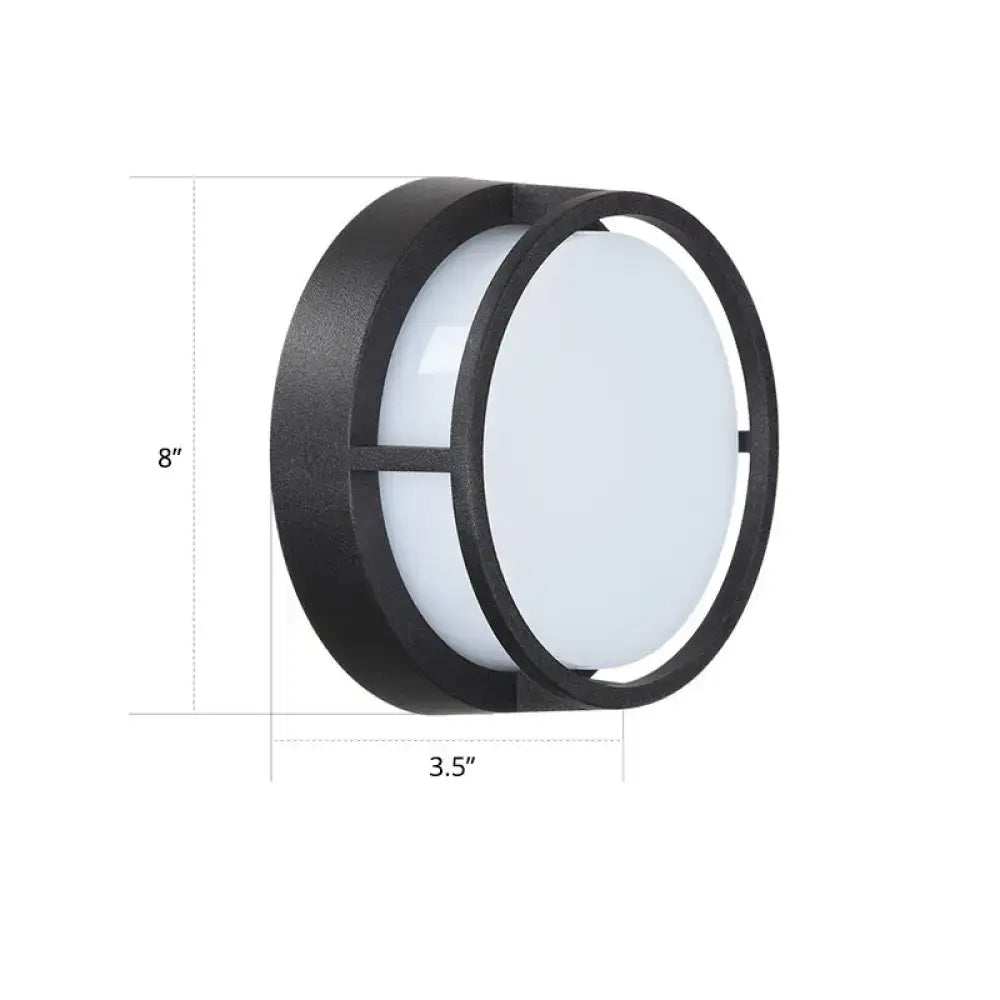 Modern black circular outdoor wall lamp with frosted white diffuser and warm color minimalist LED design