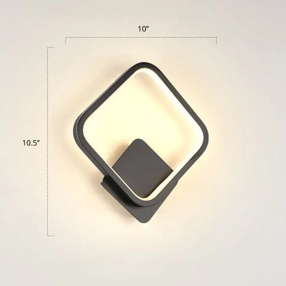 Modern black circular led light fixture with minimalist black-framed square illuminated panel, 10 inches high wall sconce