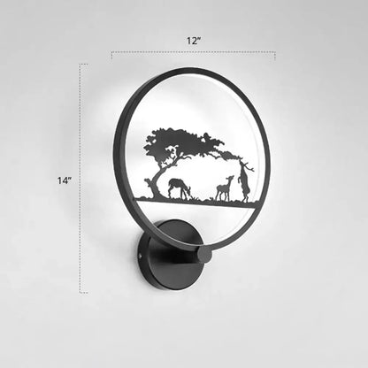 Modern black circular led wall sconce light fixture with minimalist deer and tree design on frosted glass panel, 12 inches high