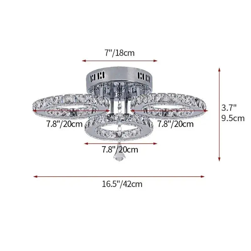 Modern black and clear crystal led ceiling chandelier with chrome finish three circular rings and hanging droplet decorbites crystal led