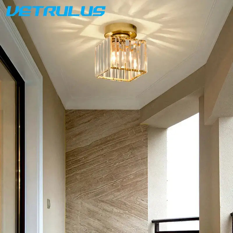 Modern black and clear crystal led ceiling light bedroom chandelier with gold-finished crystal led vertical glass prisms frame
